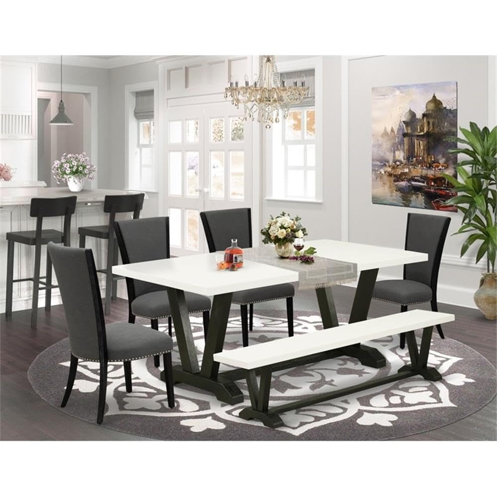 East West Furniture V627VE650-6 6 Piece Dining Table Set Contains a Rectangle Wooden Table with V-Legs and 4 Dark Gotham Linen Fabric Parson Chairs with a Bench, 40x72 Inch, Multi-Color